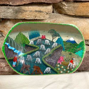 Tigua Ecuador Wood Bowl Folk Art Signed Francisco Toaquiza Andes Mountain Sheep